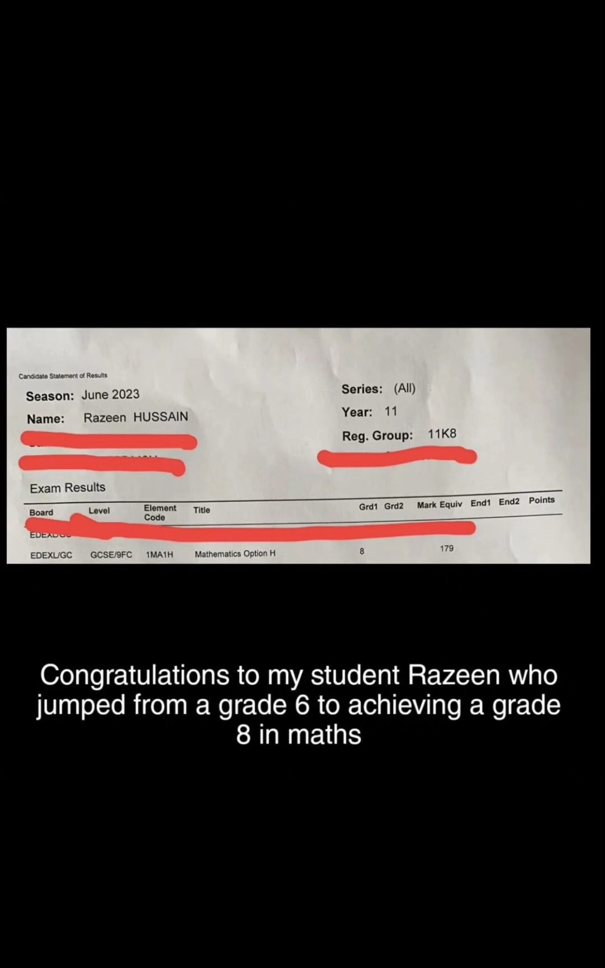 Razeen — jumped from Grade 6 to a Grade 8 in Maths